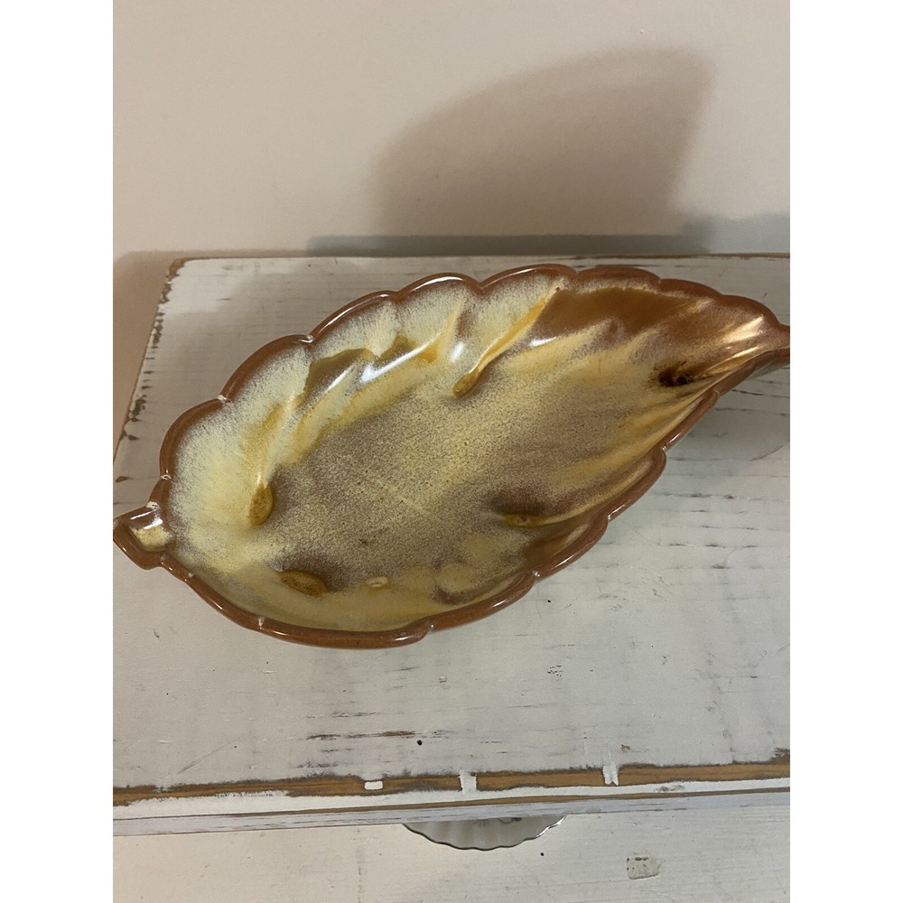 Vintage Satin Desert Gold Frankoma Pottery 225 Footed Leaf 9" Dish - Mid Century